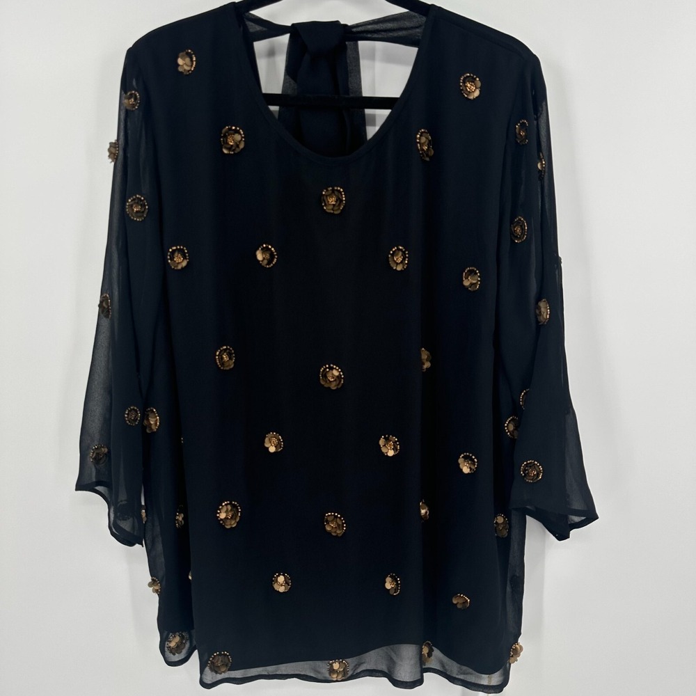 Joanna Hope Blouse Top Women's 24 Black Chiffon Embellished Layered Back Tie